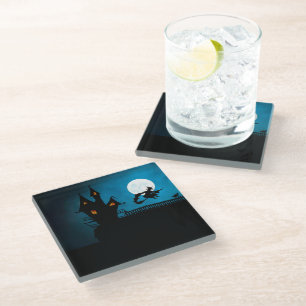 Spooky Flying Witch: Bold Black en Blue Halloween Glazen Onderzetter