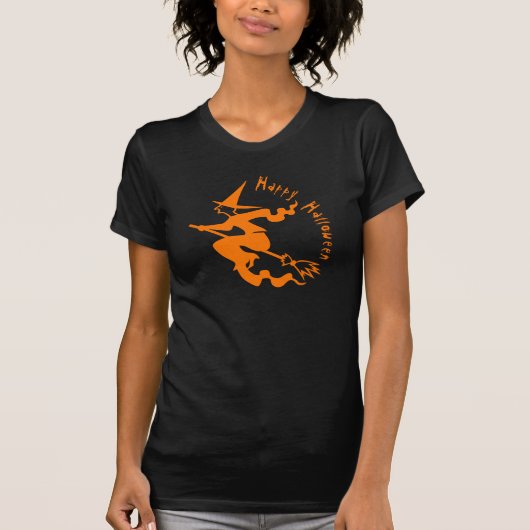 Spooky Flying Witch Happy Halloween Sinaasappel Zw T-shirt (Voorkant)