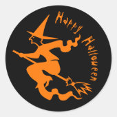 Spooky Flying Witch Oranje Happy Halloween Ronde Sticker (Voorkant)