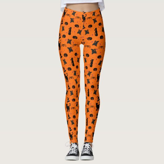 Spooky fun Halloween Pattern in Sinaasappel en Zwa Leggings (Voorkant)