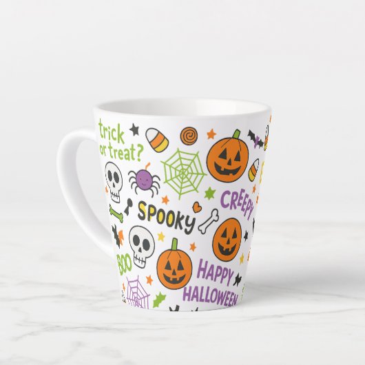 Spooky & Fun Pumpkin - Kleurrijk Halloween Patroon Latte Mok (Linkerhoek)