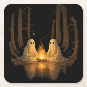 Spooky Ghost Campfire Night Forest Art - Halloween Vierkante Kartonnen Onderzetter