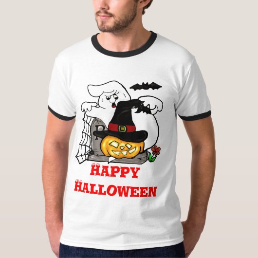 Spooky ghost en pompoen ontwerp t-shirt (Voorkant)