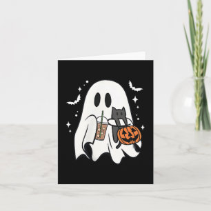Spooky Ghost Holding Black Cat Halloween Ice Coffe Kaart