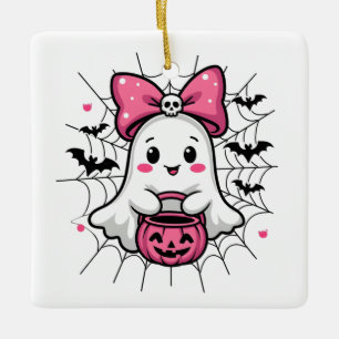 Spooky Ghost met Pink Bow borstkanker bewustzijn Keramisch Ornament