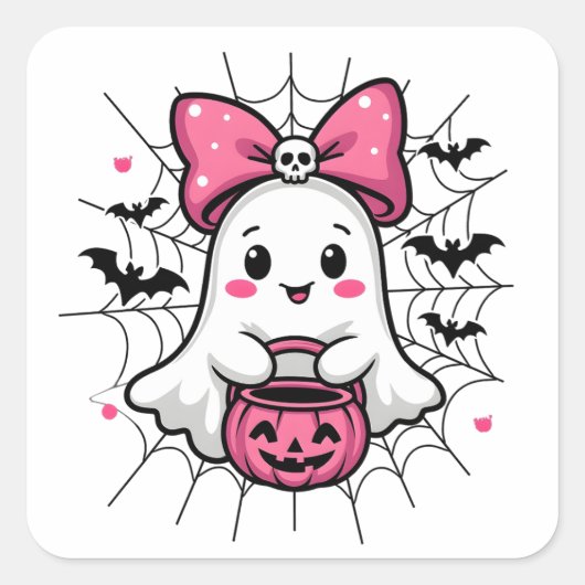 Spooky Ghost met Pink Bow borstkanker bewustzijn Vierkante Sticker (Voorkant)