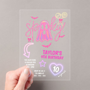 Spooky Ghost Neon Pink Halloween Verjaardag Acryl Uitnodigingen