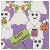 Spooky Ghost op Paarse Halloween Pattern Stof (Close Up)