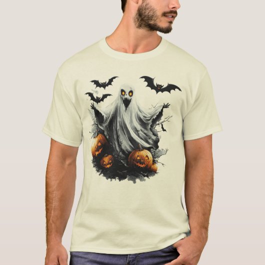 Spooky Ghost & Pumpkins Halloween T-shirt | plezie (Voorkant)