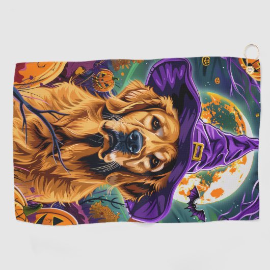 Spooky Golden Retriever Halloween Witch Pumpkin Golfhanddoek (Horizontaal)