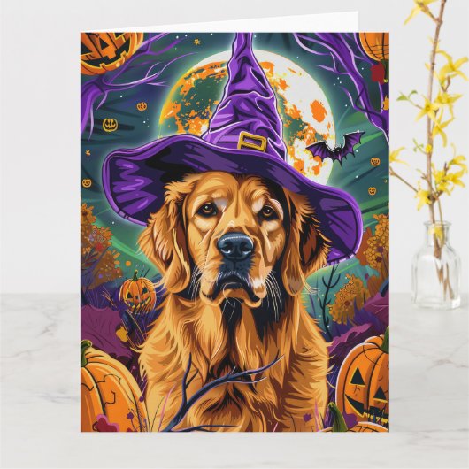 Spooky Golden Retriever Halloween Witch Pumpkin Kaart (Gele Bloem)