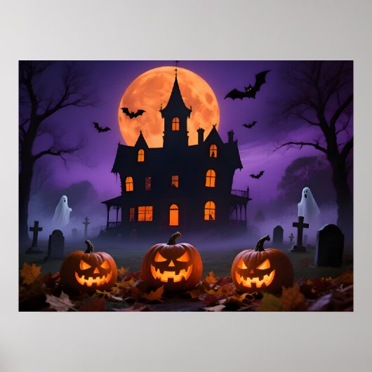 Spooky Gothic Manor with Ghosts and Graveyard Poster (Voorkant)