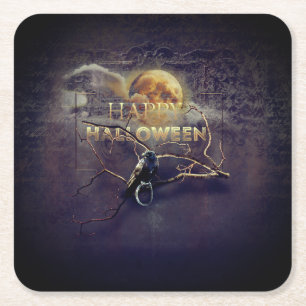 Spooky Gothic Raven In Volle Maan Volwassen Hallow Vierkante Kartonnen Onderzetter