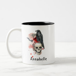 Spooky  Gothic Skull en Raven Custom  Tweekleurige Koffiemok
