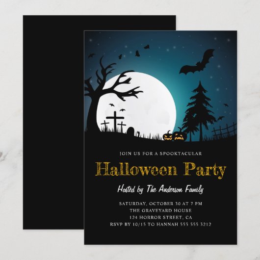 Spooky Graveyard Midnight Halloween Party Invitati Kaart (Voorkant / Achterkant)