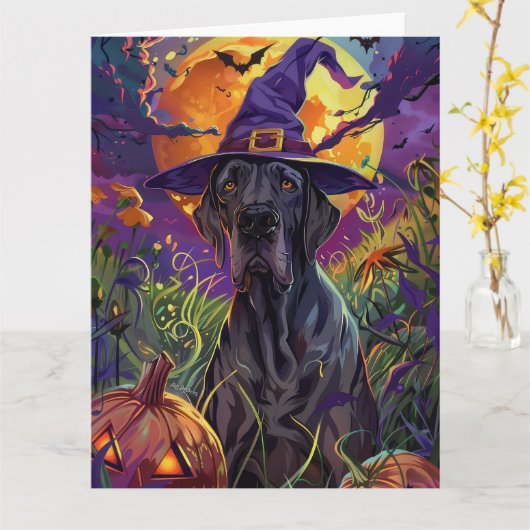 Spooky Great Dane Dog Halloween Witch Pumpkin Kaart (Gele Bloem)
