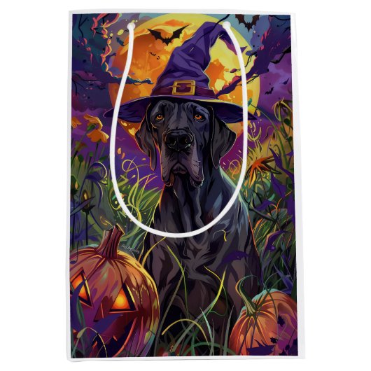 Spooky Great Dane Dog Halloween Witch Pumpkin Medium Cadeauzakje (Voorkant)