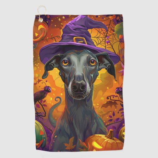 Spooky Greyhound Hond Halloween Heks en Pompoen Golfhanddoek (Voorkant)
