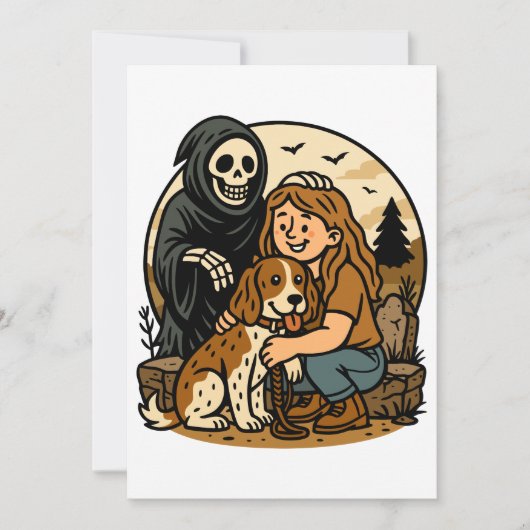 Spooky Grim Reaper with Girl and Dog Skeleton Art Kaart (Voorkant)