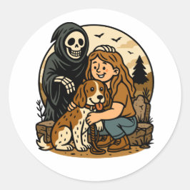 Spooky Grim Reaper with Girl and Dog Skeleton Art  Ronde Sticker
