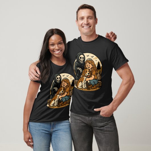 Spooky Grim Reaper with Girl and Dog Skeleton Art  T-shirt (Unisex)