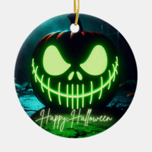 Spooky groene gloeiende Halloween pompoen Keramisch Ornament