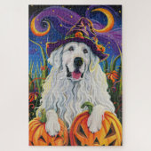 Spooky Grote Pyreneeën Hond Halloween Heksenpompoe Legpuzzel (Verticaal)