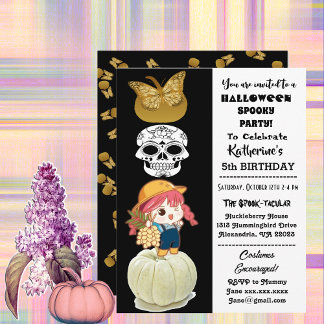 Spooky Halloween Birthday Girl Gold Pumpkins Party Kaart