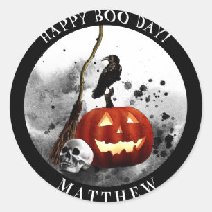 Spooky Halloween Birthday Pumpkin Crow Skull Ronde Sticker