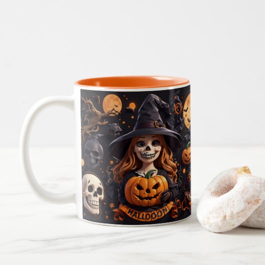 Spooky Halloween Boo Bat Pompoen Skull Witch Spide Tweekleurige Koffiemok (Met donut)