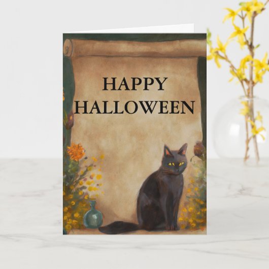 Spooky Halloween Cat Kaart (Gele Bloem)
