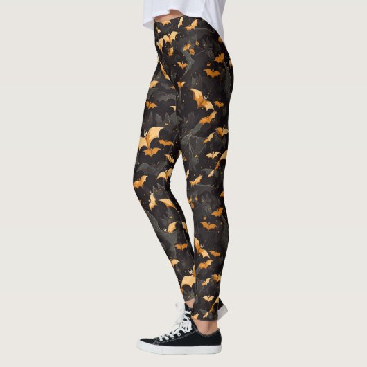 Spooky Halloween Flying Bats Zwart Sinaasappel Wit Leggings (Links)