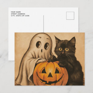 Spooky Halloween  Ghost Black Cat Pumpkin Briefkaart