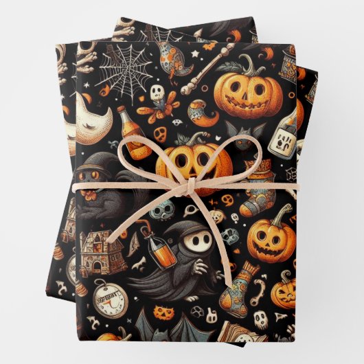 Spooky Halloween Ghost Pattern Zwart Inpakpapier Vel (In situ)
