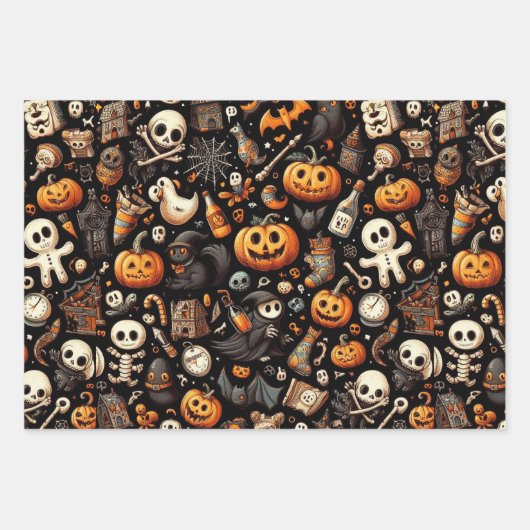 Spooky Halloween Ghost Pattern Zwart Inpakpapier Vel (Voorkant)