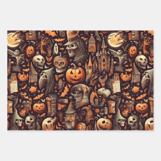 Spooky Halloween Ghost Pattern Zwart Inpakpapier Vel (Voorkant 3)