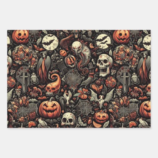 Spooky Halloween Ghost Pattern Zwart Inpakpapier Vel (Voorkant 3)