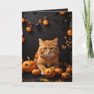 Spooky Halloween Ginger Cat and Pumpkins Holiday Kaart