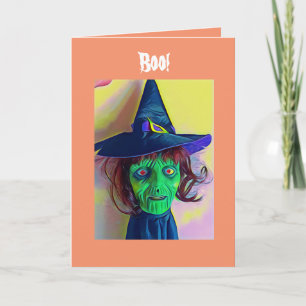 Spooky Halloween Green Witch Face Wenskaart Kaart
