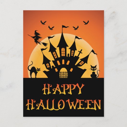 Spooky Halloween Haunted House Cat Witch Bat Briefkaart (Voorkant)