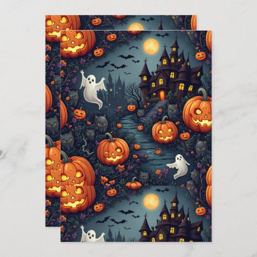 Spooky Halloween Haunted Night Flat Uitnodiging (Voorkant / Achterkant)