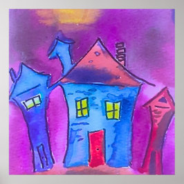 Spooky Halloween Houses Watercolor Poster