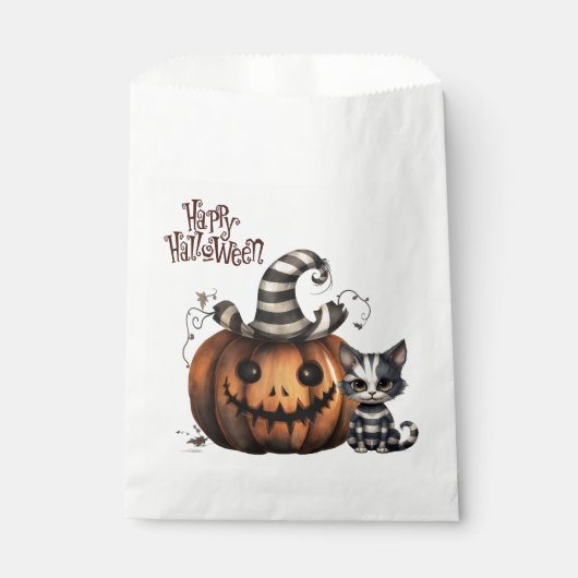 Spooky Halloween Kitten Zwart Gestreepte Pompoen Bedankzakje (Voorkant)