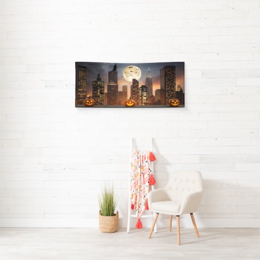 Spooky Halloween Night Cityscape met pompoen Spandoek (Insitu)