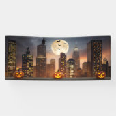 Spooky Halloween Night Cityscape met pompoen Spandoek (Horizontaal)