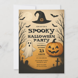 Spooky Halloween Party Invitation Ghost & Pumpkin Kaart