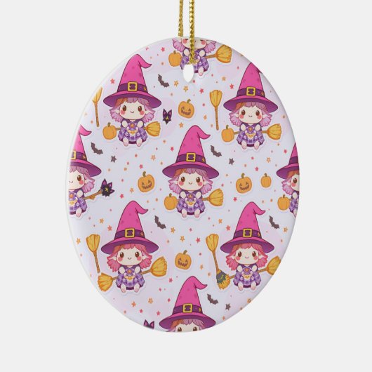 Spooky Halloween Pattern with Pumpkins and witch  Keramisch Ornament (Rechts)