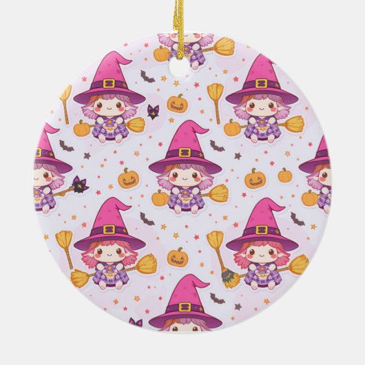 Spooky Halloween Pattern with Pumpkins and witch  Keramisch Ornament (Achterkant)
