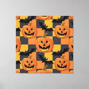 Spooky Halloween pompoen en vleermuispatroon Canvas Afdruk