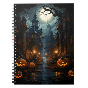 Spooky Halloween pompoenen in enge oude stad Notitieboek